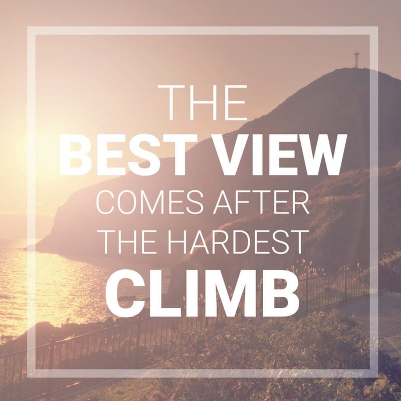 quote with mountains in the background, "The Best View Comes After the Hardest Climb."