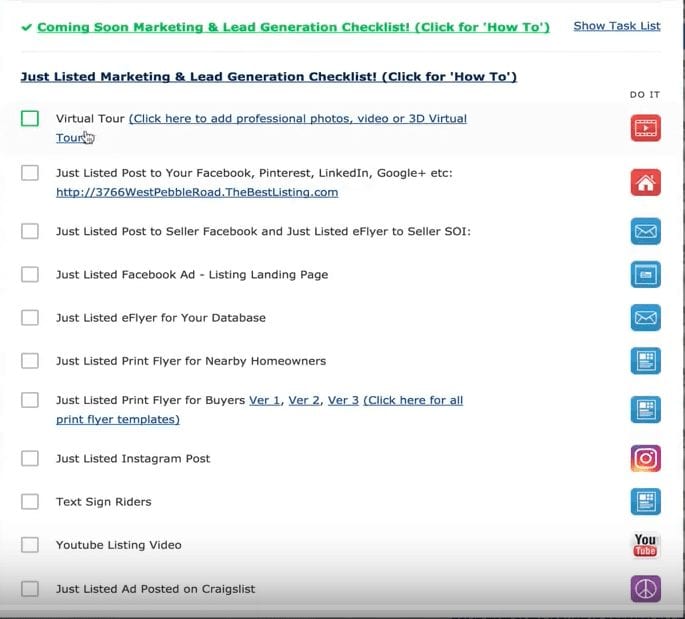 Screenshot of the checklist auto-populated by Listings to Leads for marketing listings.