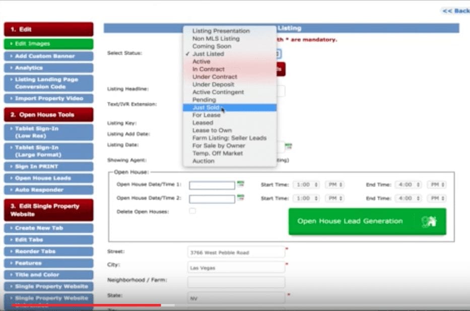 Screenshot of a page in Listings to Leads where users select the status of a listing