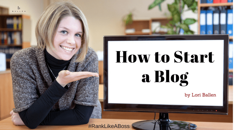 Woman is pointing to a computer with the words on it reading how to start a blog by Lori Ballen