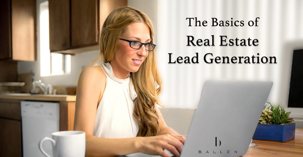 Blonde woman wearing glasses in white blouse at a home computer working on real estate lead generation