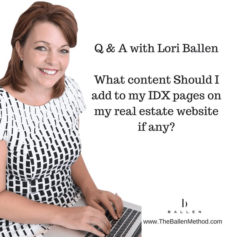 Lori sits on the computer and answers questions about lead generation: question says "what content should I add to my idx pages on my real estate website"