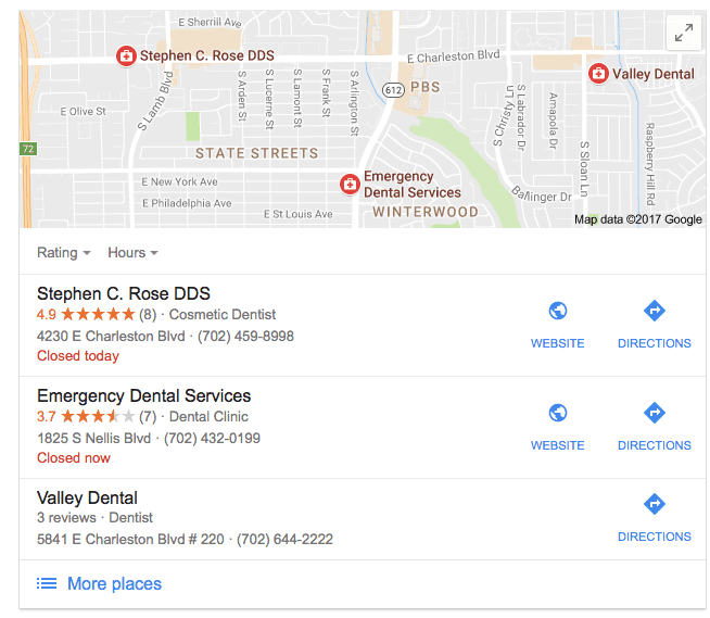 Image of Google Search Results in Las Vegas for Dentists, sorted by local pack and ratings