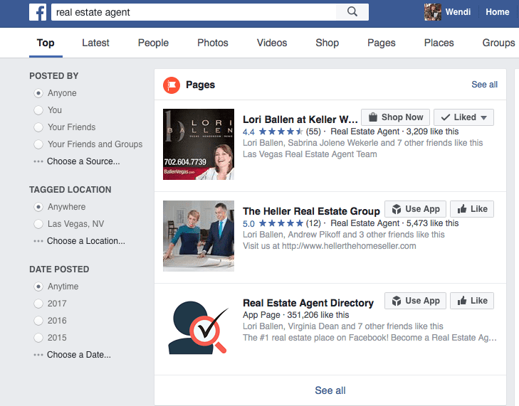 Screen Shot of Facebook Search for Real Estate Agents