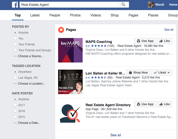 Screen Shot of Facebook Search for Real Estate Agents