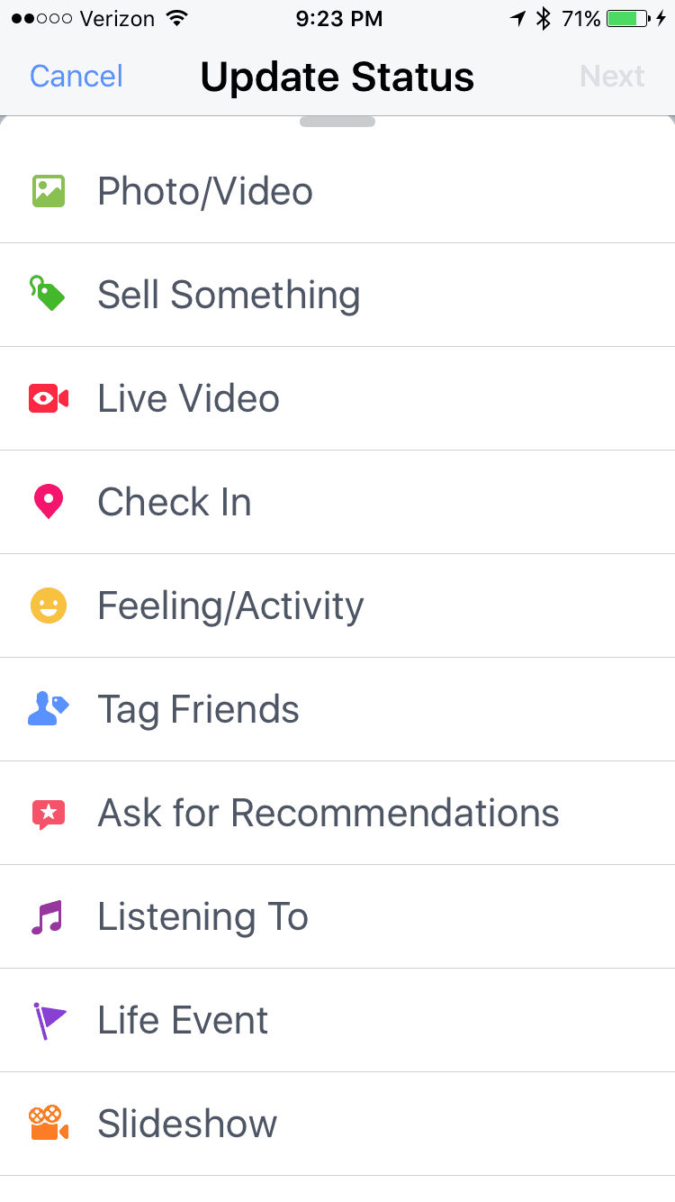 Screen shot of Facebook mobile status update for creating live video