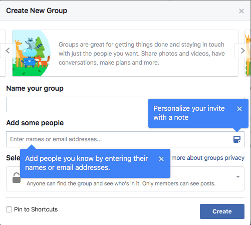 Screen shot for creating a Facebook Group
