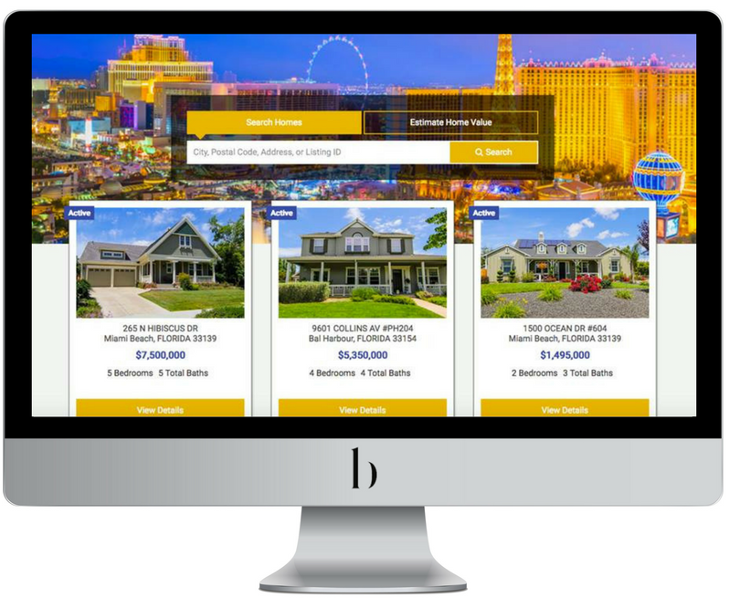 Real estate listings featuring three properties with images, prices, and details, set against a backdrop of a city skyline at dusk.