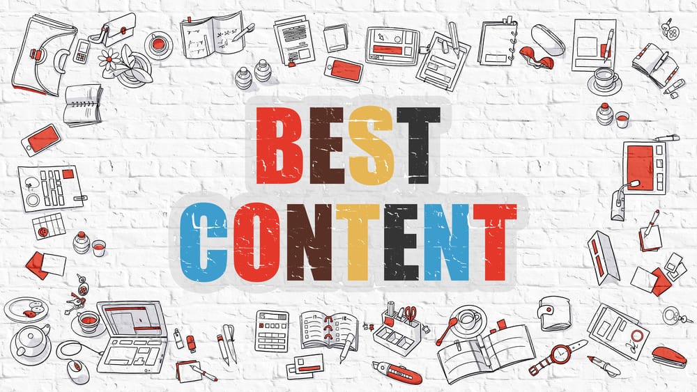 The words Best Content are in multiple colors on a background showing pencis, computers, seo