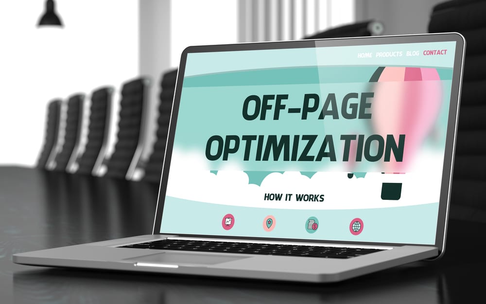Computer with a teal screen and words saying off-page optimization