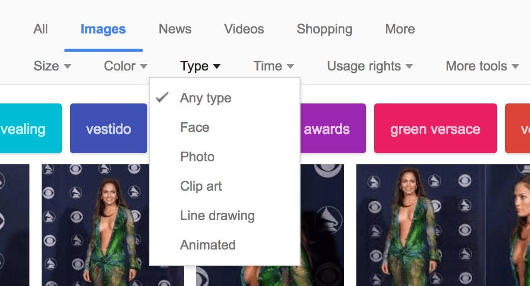 Google Images has Advanced Search options showing here search by type: face, photo, clip art, line drawing, animated