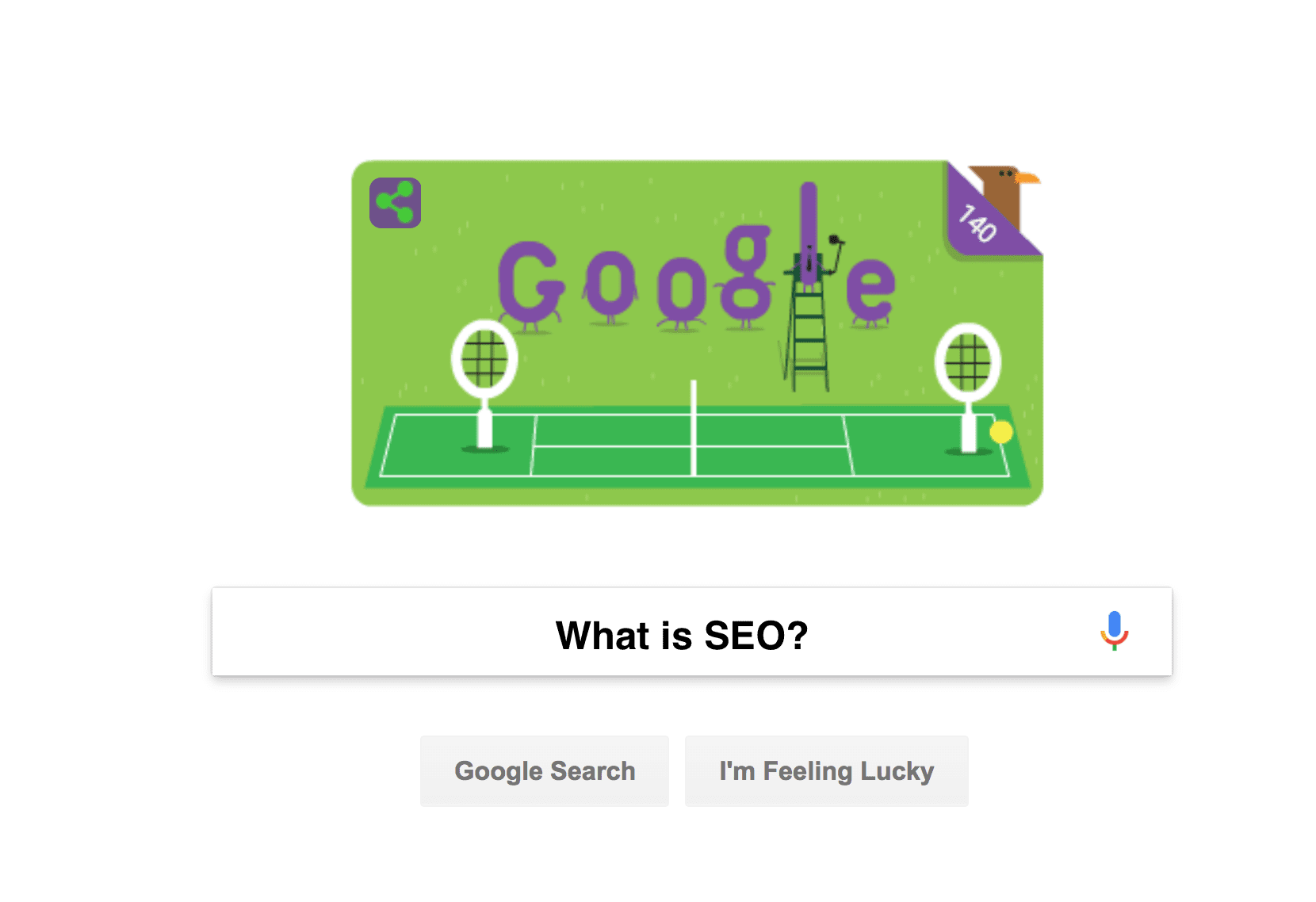 Box shows Google with a search box containing the words "what is seo"