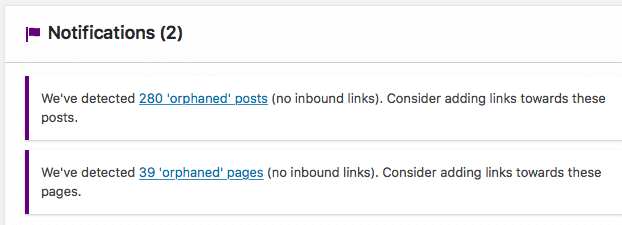 Alert from YOAST SEO appears in Wordpress control panel alerting website owner of abandoned content