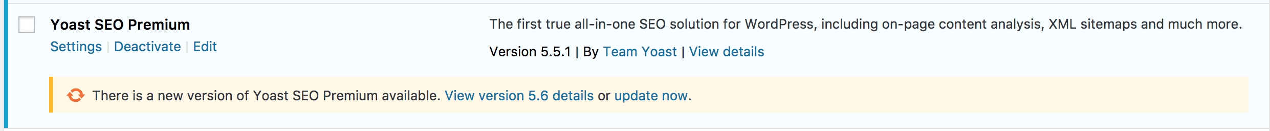 Shows Yoast SEO in the plugin panel needs an update