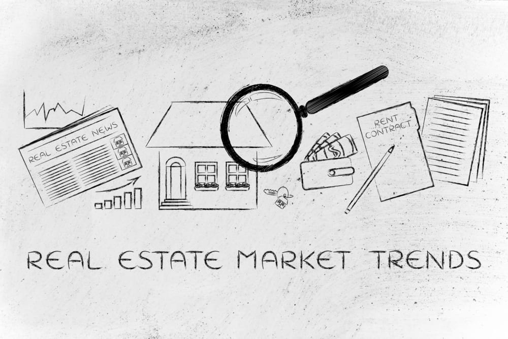 pictures of things related to real estate market such as house, report, newspaper, and the words say real estate market trends