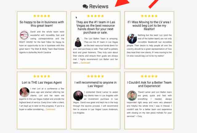 Sample Page of reviews from a real estate agent website (BREW). Red Arrow points to the word REVIEWS to show where the clickable link has been added.