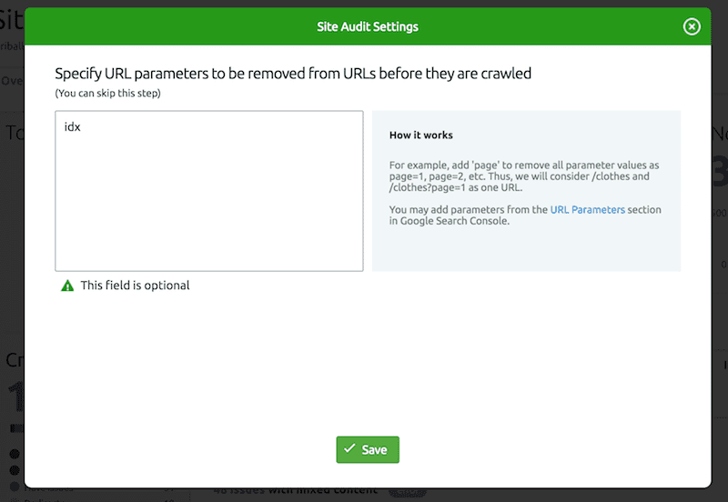 Sample box is showing from SEMrush project reports, edit remove parameter, and enter word to exclude from reports, in this case showing IDX