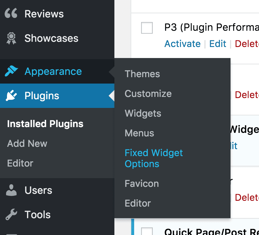 WordPress Appearance Menu showing Fixed Widget Options on a drop-down menu