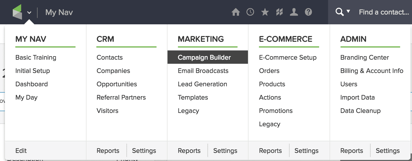 The opened Infusionsoft navigation menu with "campaign builder" highlighted in black