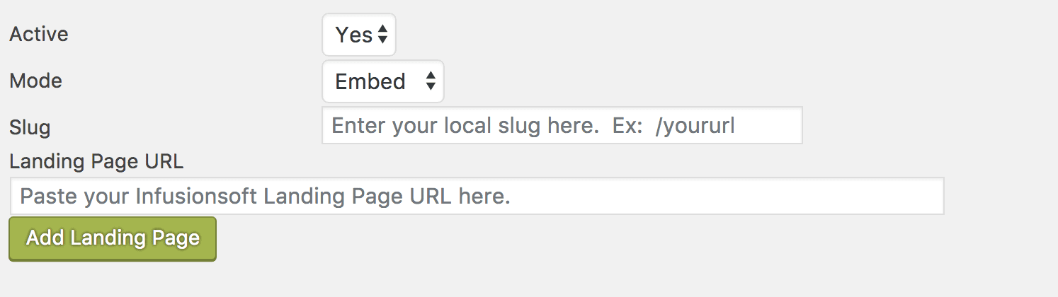 page showing "active" set to "yes", "mode" set to "embed", and blank slug and landing page URL fields. 