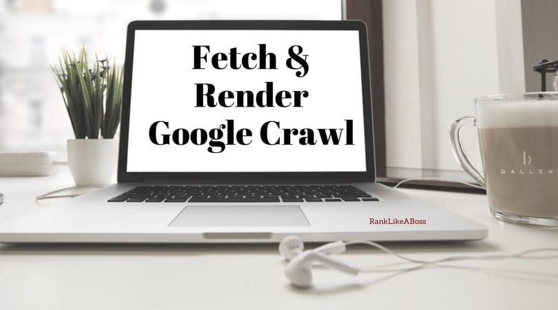 Computer is sitting on a desk, pair of headphones in front, plant to the left, screen reads Fetch and Render Google Crawl