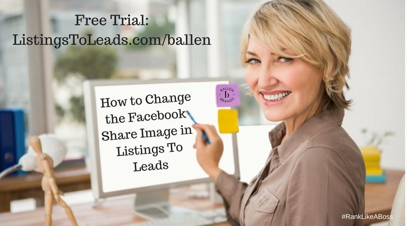 Woman is smiling and pointing at her computer that reads how to change the facebook share image in listings to leads