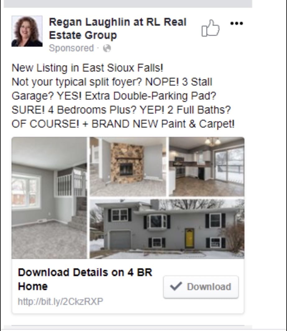 Sample of a Real Estate Facebook Ad That Really Works, based on a new listing, grid of pictures, call to action is download
