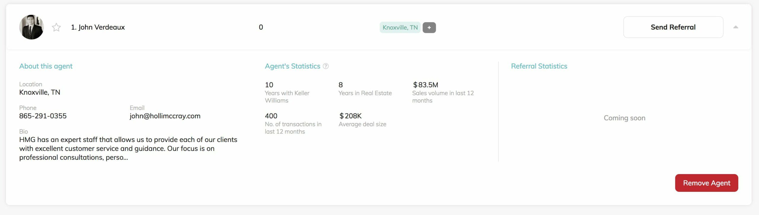 Screenshot of John Verdeaux's Production inside the KW referral network showing nearly 90 million in closed volume