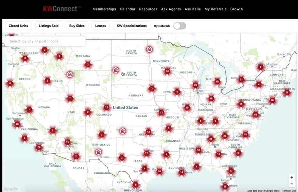 Map of areas represented by Keller Williams Agents in the KW Referrals Network