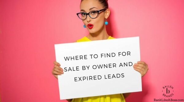 Pretty woman in glasses with big blue drop earrings is wearing a yellow dress standing against a pink background and is holding a sign that spells out where to find for sale by owner and expired leads