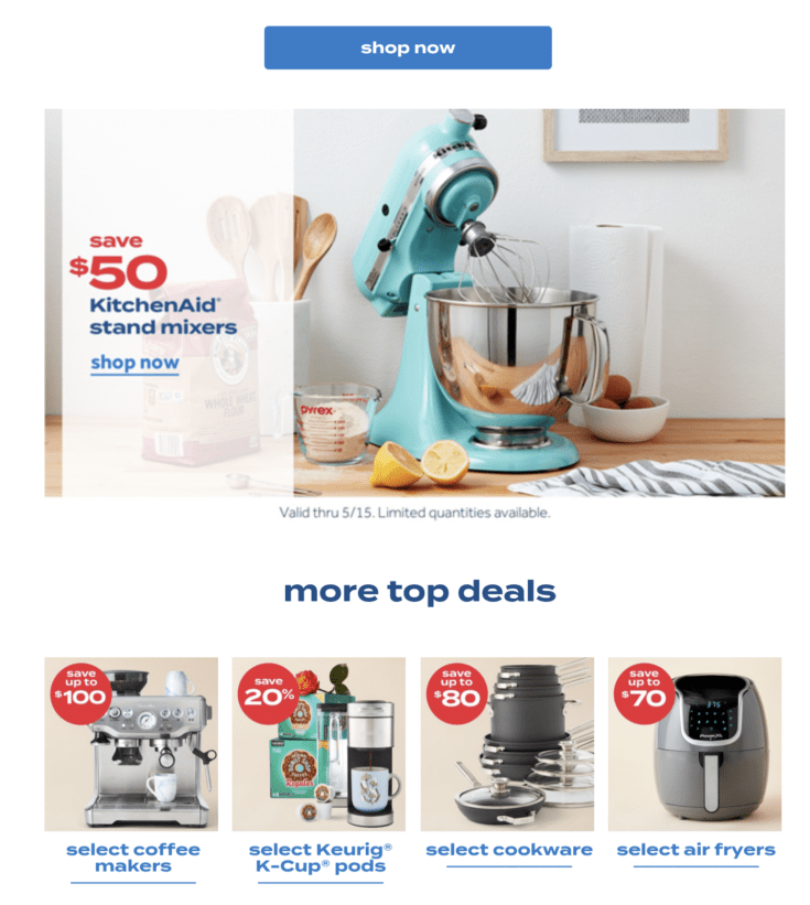 Bed Bath & Beyond is a popular home goods store. In this email, they let customers know that their popular KitchenAid mixer is back in stock: