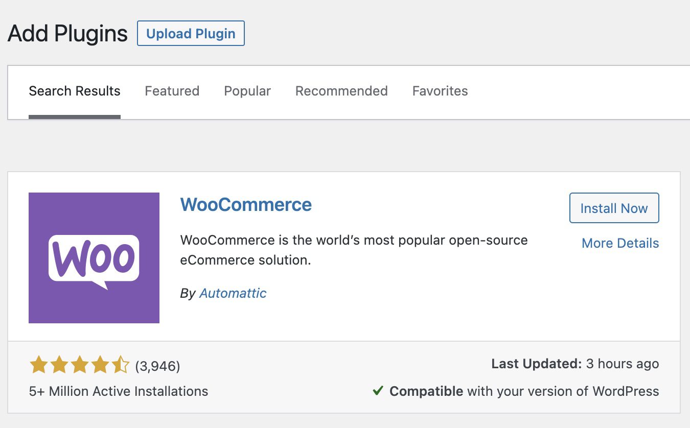 Now it's time to install the WooCommerce plugin. WooCommerce is a free (with premium add-on options) eCommerce plugin that allows you to sell physical and digital products, as well as services and memberships on your website.