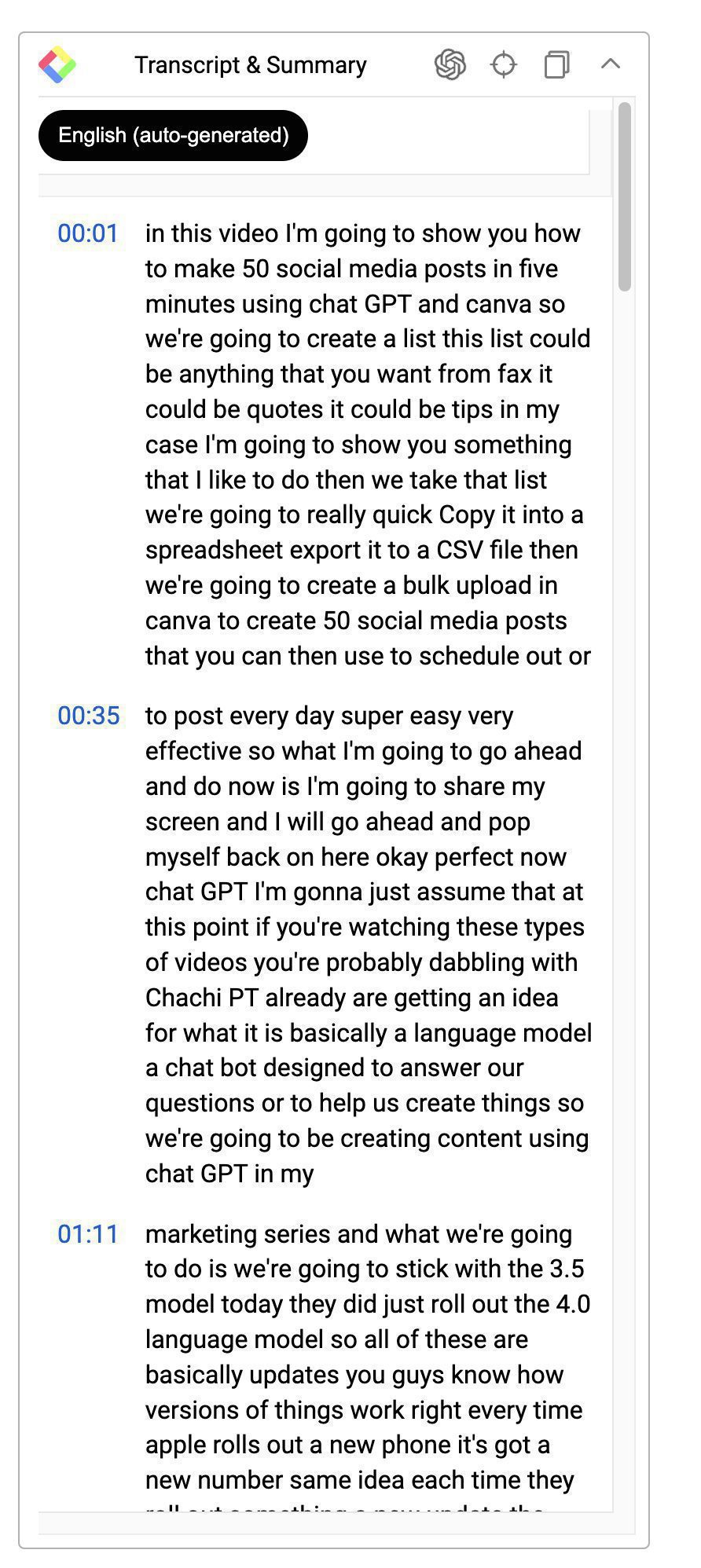 Youtube transcript & Summary shows the instant youtube transcript with time stamps