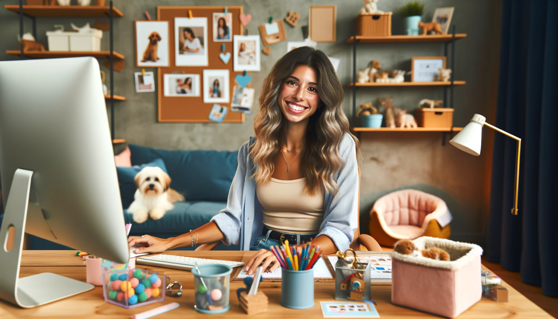 A cheerful female online pet product seller of mixed descent is working at her computer in her home office, which radiates a fun yet professional atmosphere. She's wearing a casual yet trendy outfit and has a bright smile. The office is decorated with a playful pet theme, featuring items like a small dog bed, cat toys, and framed photos of pets. The color scheme is a blend of warm and inviting tones, creating a cozy and pet-friendly environment. Her desk is well-organized, with pet-themed stationery and a small, playful dog sitting beside her, reflecting her love for animals and her online business in pet products.