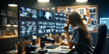 woman analyzing a true crime case in her YouTube studio. She is intently gazing at multiple computer screens which display crime scene photos and evidence boards. The studio is filled with notes and case files, creating an atmosphere of urgency and dedication. The image should emulate the high resolution and sharp focus of a photo taken with a Canon EOS R5 camera and Canon RF 50mm F1.2L USM lens, showcasing a clear portrait of the woman with a blurred background, emphasizing her concentration and the details of her studio.