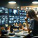 woman analyzing a true crime case in her YouTube studio. She is intently gazing at multiple computer screens which display crime scene photos and evidence boards. The studio is filled with notes and case files, creating an atmosphere of urgency and dedication. The image should emulate the high resolution and sharp focus of a photo taken with a Canon EOS R5 camera and Canon RF 50mm F1.2L USM lens, showcasing a clear portrait of the woman with a blurred background, emphasizing her concentration and the details of her studio.