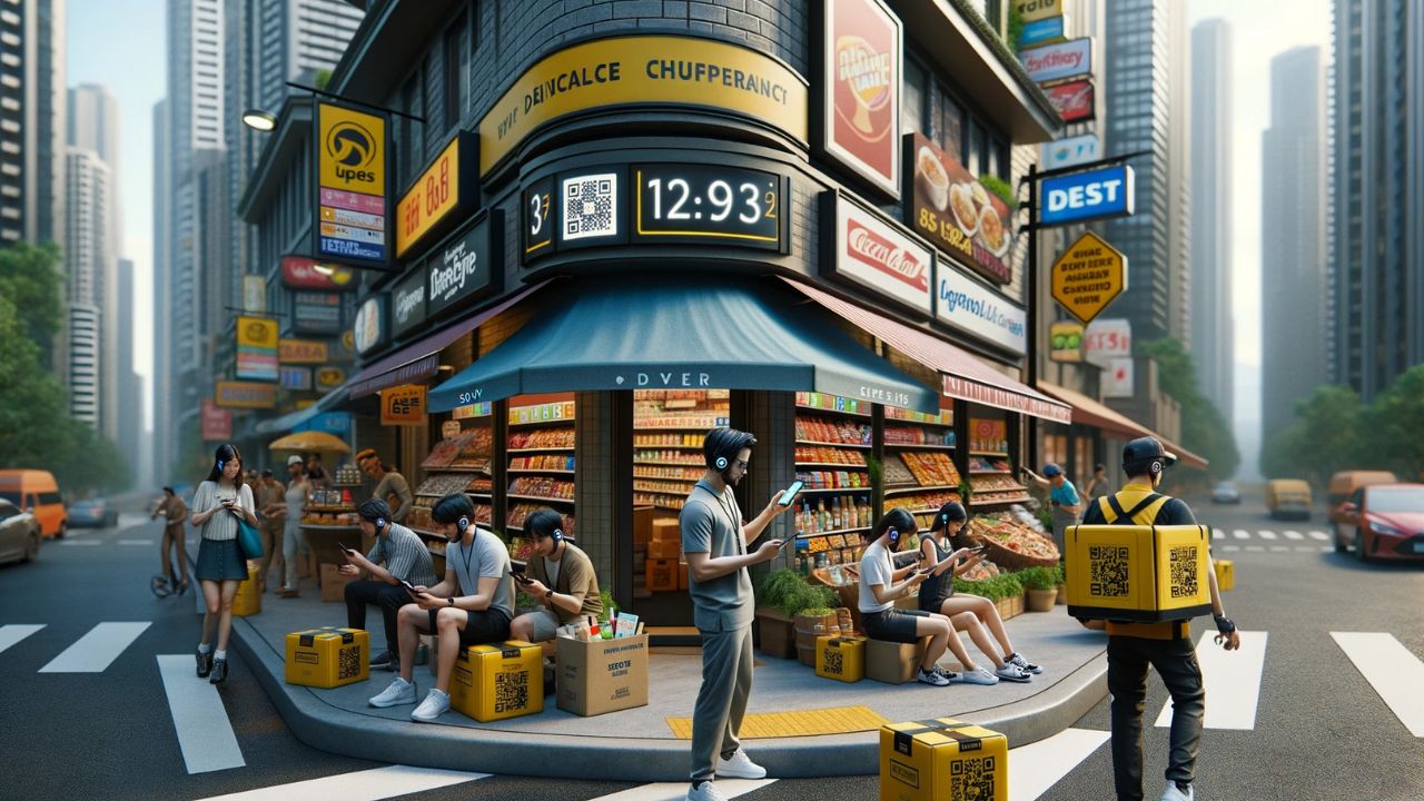 Realistic photo taken with a Sony A7R IV and Sony FE 24-105mm F4 G OSS lens, with settings at f/5.6, ISO 200, 1/125 sec. The frame captures a dynamic urban corner brimming with local groceries and food places. Shoppers, engrossed in their smartphones, diligently scan QR codes to obtain instant cash advances and make purchases. Amidst them, delivery personnel are actively coordinating pick-ups, their earpieces signifying real-time communication. The overall scene is a blend of modern tech convenience and the hustle and bustle of city life.