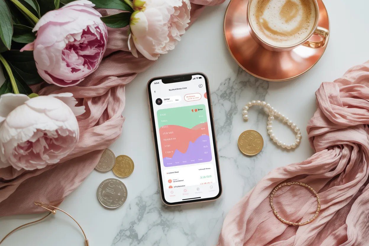Feminine flat lay with smartphone showing finance app, pink peonies, gold coins, and rose gold latte on marble background