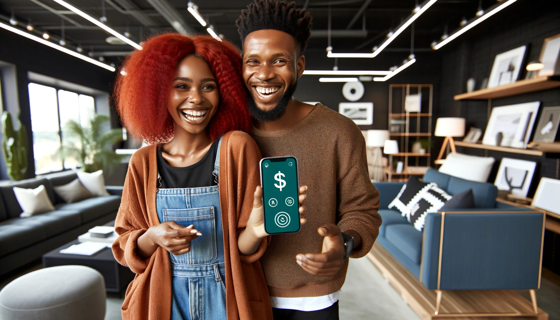 A joyful African woman with red hair is shopping for furniture with her husband, both engaged in a delightful shopping experience. She is holding a smartphone that showcases money icons, indicative of a cash app, highlighting a modern and tech-savvy approach to their purchasing. They are casually dressed, which conveys a relaxed atmosphere, and are surrounded by a selection of contemporary furniture, illustrating their taste in home decor. The store is well-lit, underscoring a vibrant and upbeat shopping environment.