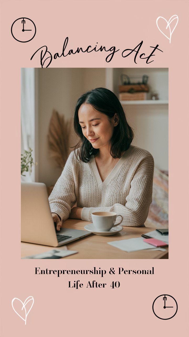 A single, serene image of a woman in a cozy home office, with a cup of coffee and a laptop on the desk. Soft, warm lighting and pastel colors. 