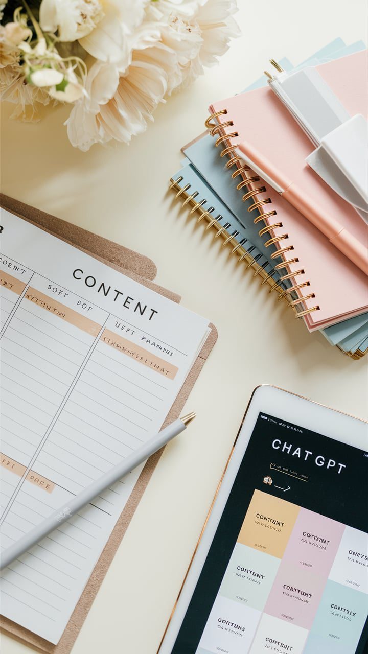 A neatly arranged desk with a visible content planner, soft-hued stationery, and a digital tablet showing ChatGPT. The palette is kept light and airy, with elements arranged to highlight a methodical yet gentle planning process.