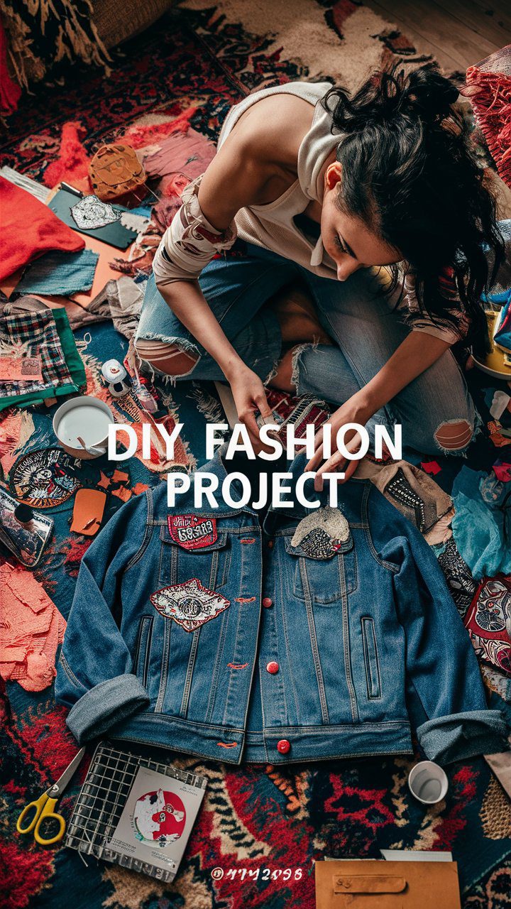 A creative woman working on a DIY fashion project at home, surrounded by tools and materials like fabric glue, scissors, and patches. She’s customizing a denim jacket, adding iron-on patches and distressing the fabric. The setting is cozy and feminine, with a hint of organized chaos that showcases the creative process. "DIY Fashion Project" is the text overlay.
