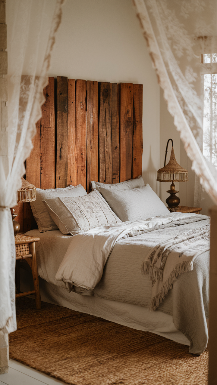 A serene bedroom scene featuring a DIY headboard made of rustic wood planks, stained in a rich, warm hue. The bed is dressed in soft, neutral linens with a touch of vintage patterns. The room is adorned with natural materials, including a woven rug, wooden bedside tables with vintage lamps, and delicate lace curtains filtering in soft, natural light, creating a cozy and nostalgic atmosphere.