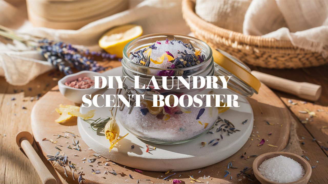 A serene and cozy scene featuring a rustic wooden table adorned with a stunning glass jar filled with a homemade laundry scent booster. The jar's contents are a delightful mix of colorful, natural granules such as sea salt or Epsom salt, intertwined with delicate dried lavender and rose petals. The surrounding ingredients, including dried lavender, lemon peel, and a small wooden scoop, emphasize the eco-friendly and handcrafted nature of this DIY project. The background features soft, natural elements like a linen cloth or woven basket, enhancing the warm, inviting atmosphere. The scene is bathed in warm, diffused sunlight, highlighting the textures and colors of the materials used. The bold text overlay proclaims "DIY LAUNDRY SCENT BOOSTER," capturing the essence of this delightful homemade creation.