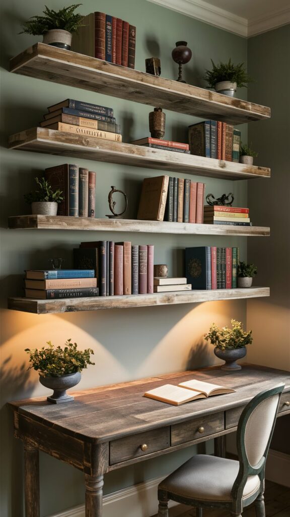 A stylish study area with floating shelves made of reclaimed wood, displaying a mix of vintage books, antique decor items, and small potted plants. The shelves are mounted on a soothing, muted wall color, with a rustic wooden desk below, complemented by a classic chair. The setup is illuminated by a warm, ambient light, creating a productive and aesthetically pleasing workspace.