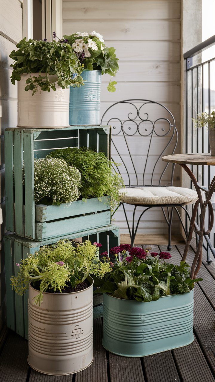 A quaint balcony space showcasing various DIY decorative planters made from repurposed items like tin cans and wooden crates, all painted in soothing, muted colors. The planters are filled with vibrant green plants and flowers, arranged on a rustic wooden shelf. The backdrop includes a cozy seating area with a classic wrought-iron chair and a small wooden table, perfect for enjoying a peaceful morning.