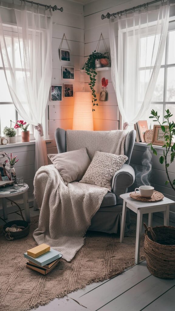 Create a cozy, inviting reading nook scene in a bright and airy corner of a room. Include a large, comfortable armchair with a soft blanket draped over the back and a few plush pillows. Place a small table next to the chair with a steaming cup of tea and a stack of books. The nook should be near a window with soft, natural light filtering through sheer curtains. Add a floor lamp with a warm, glowing light, and incorporate elements like a small rug, a few potted plants, and some framed photos or artwork on the walls. The overall aesthetic should be charming, feminine, and visually pleasing, with a soothing color palette and a touch of rustic elegance.Text Overlay:Top Text: "How to Create the Perfect"Bottom Text: "Reading Nook"Use elegant, easy-to-read fonts with a soft color that complements the image.