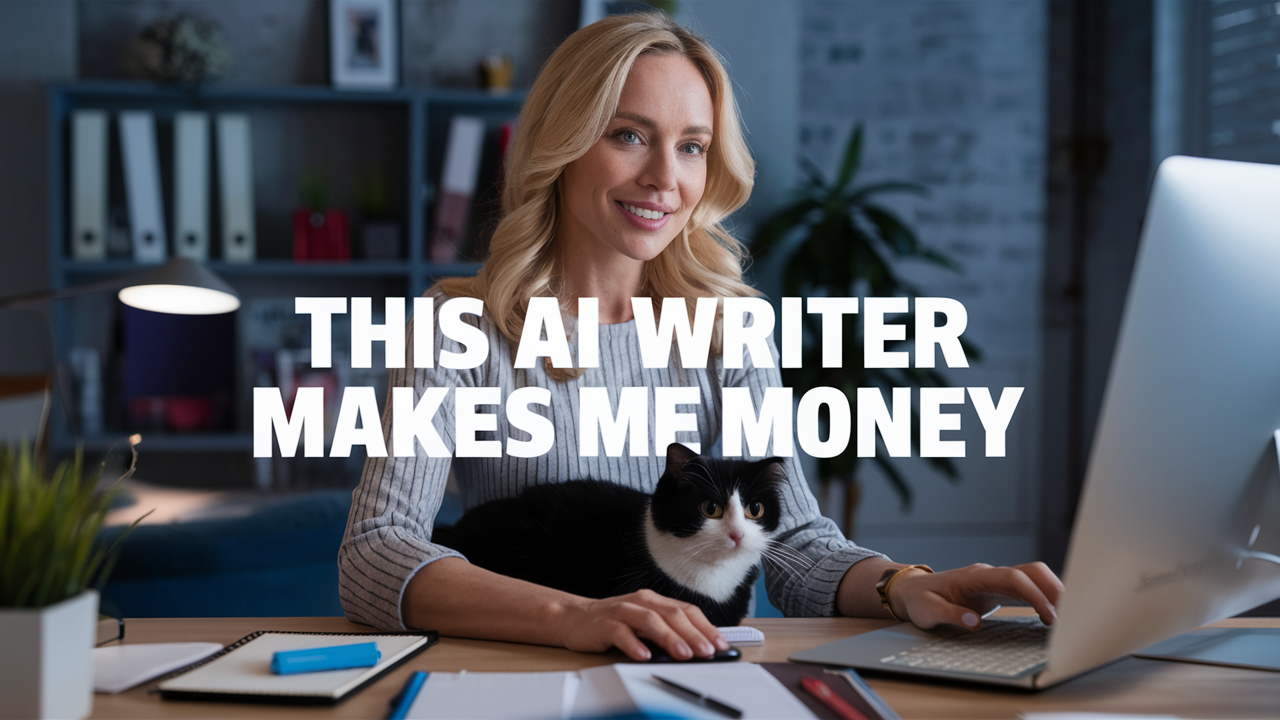 a blonde woman is at home in her casual office working on her comptuer. she is about 40, attractive, and has a mostly black and a little white tuxedo cat with her. The bold text overlay reads "This AI Writer Makes Me Money" make it fun