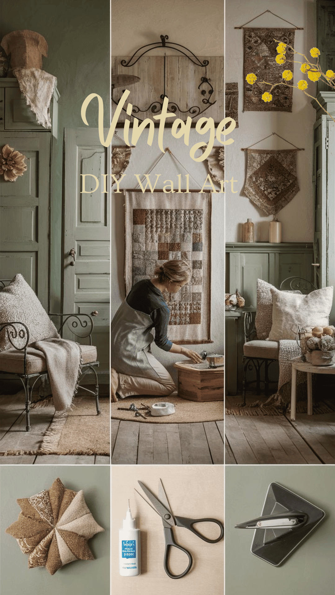 visually rich and inviting interior space that appeals to lovers of classic and rustic design. The room is adorned with soothing, earthy color palettes, blending shades of soft greens, warm browns, and creamy whites. The furniture is crafted from natural materials such as aged wood and wrought iron, exuding a sense of old-world elegance. Cozy textiles like thick woolen throws and linen cushions are scattered throughout, enhancing the nostalgic atmosphere.  In the center, a nearly completed fabric wall hanging is being framed. The background subtly displays various inspirational fabric art pieces hung on the walls, showcasing different patterns and textures. Tools like fabric scissors, a glue bottle, and an iron lay neatly beside the main project