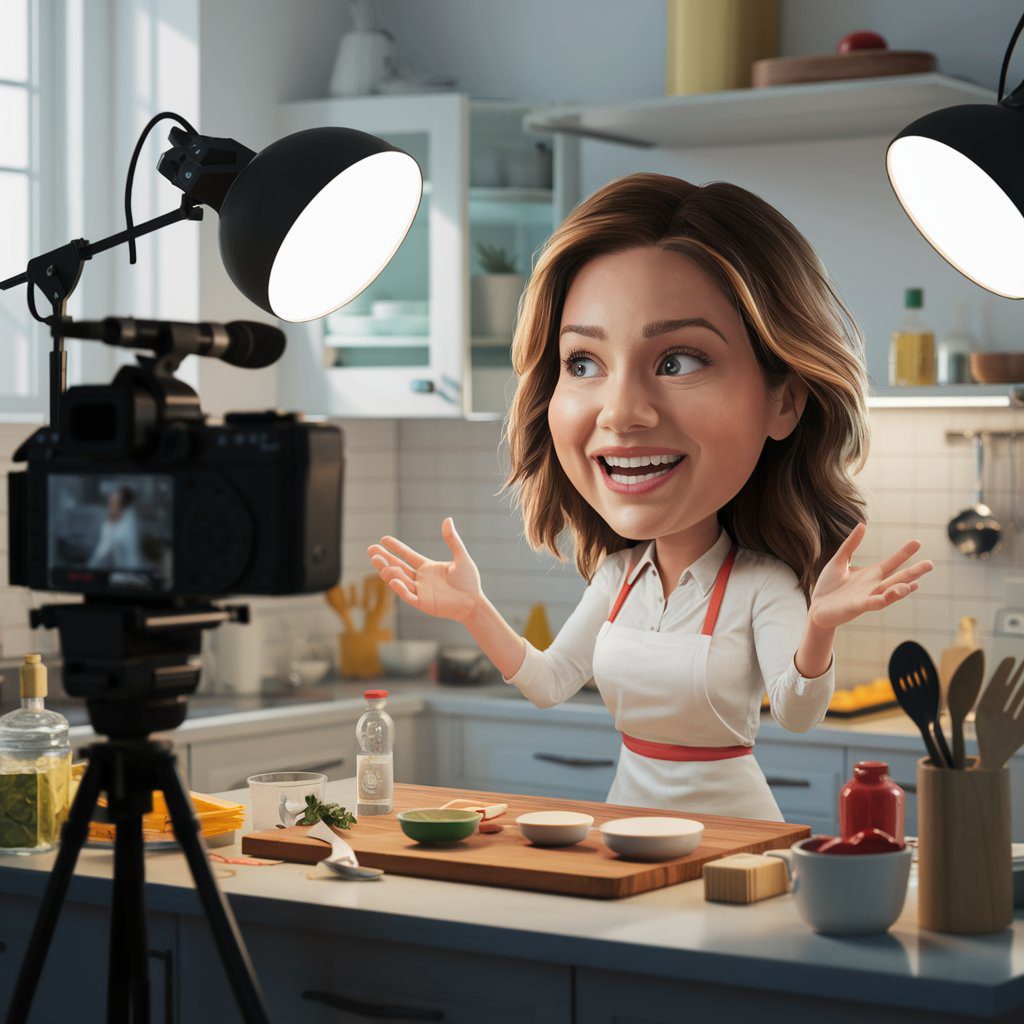  A delightful cartoon illustration:An enthusiastic woman filming a cooking tutorial in a bright, well-equipped kitchen, speaking confidently to the camera. The setting includes high-quality lighting, a microphone, and various ingredients and cooking utensils, creating a professional and engaging atmosphere.